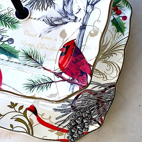 222 FIFTH  “HOLIDAY WISHES” 2 TIERED SERVING TRAY POINSETTIA PINECONES SCRIPT - Picture 6 of 11